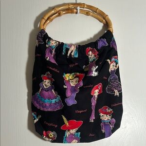Betty Boop Shoulder Bag with Cartoon Print and Bamboo Handle